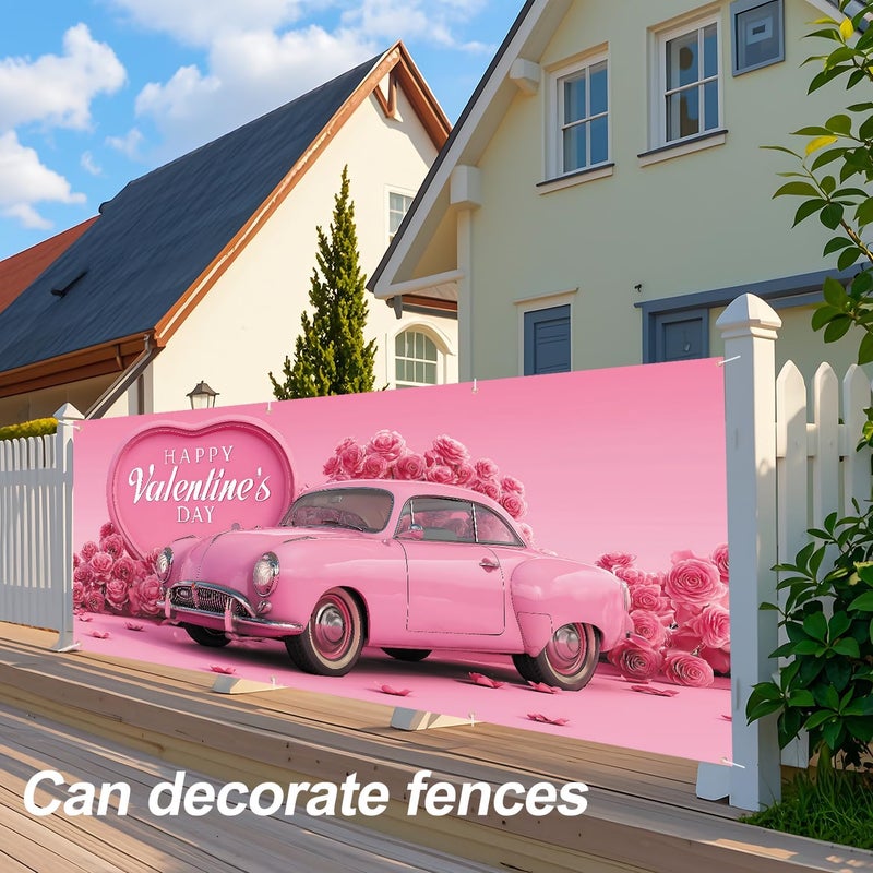 ANNA QUEEN Valentine’s Day Garage Door Banner 6x13FT, Pink Vintage Car and Rose Heart Garage Door Cover, Romantic Outdoor Decoration for Garage Doors, Yard & Love Theme Party Backdrop - Image 5